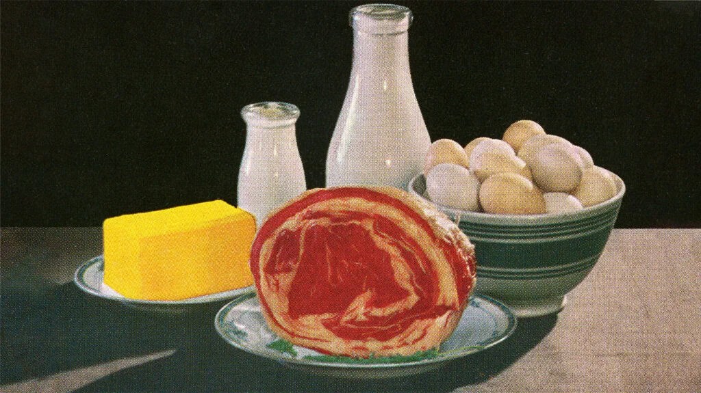 illustration showing a fatty chunk of meat, a slab of butter two milk bottles, and a bowl of white eggs