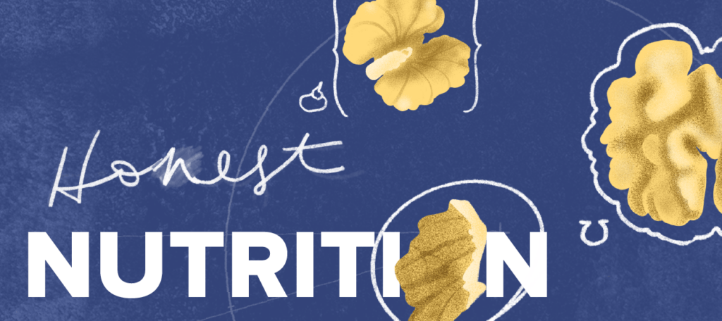 honest nutrition blue header featuring walnut illustrations